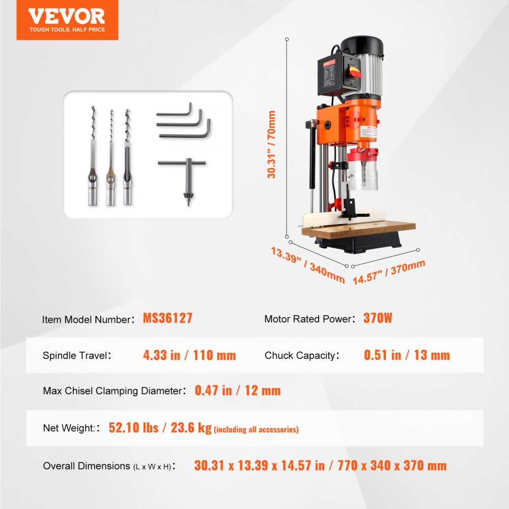 Bostome Benchtop Mortise Machine with a 370W motor and included chisels for woodworking tasks.