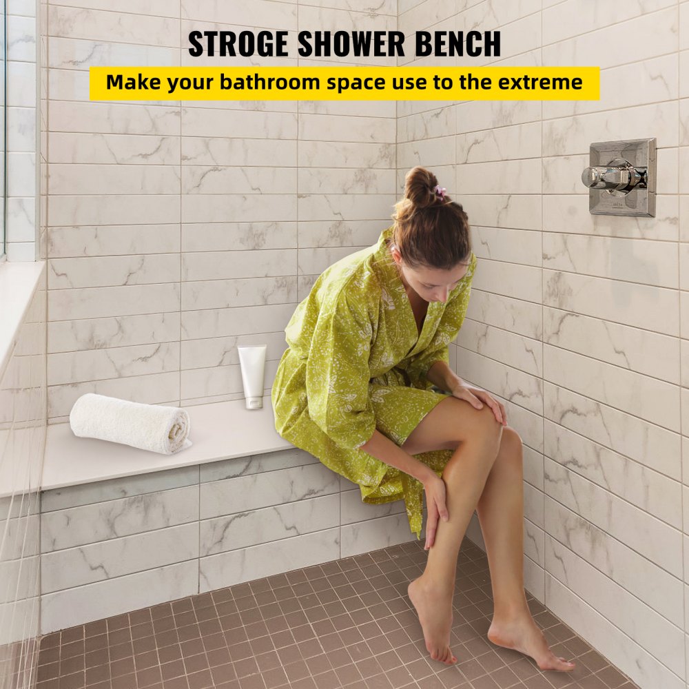 Rectangular 38.2" EPS composite shower seat with waterproof membrane and sturdy design.