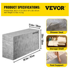 Rectangular 38.2" EPS composite shower seat with waterproof membrane and sturdy design.
