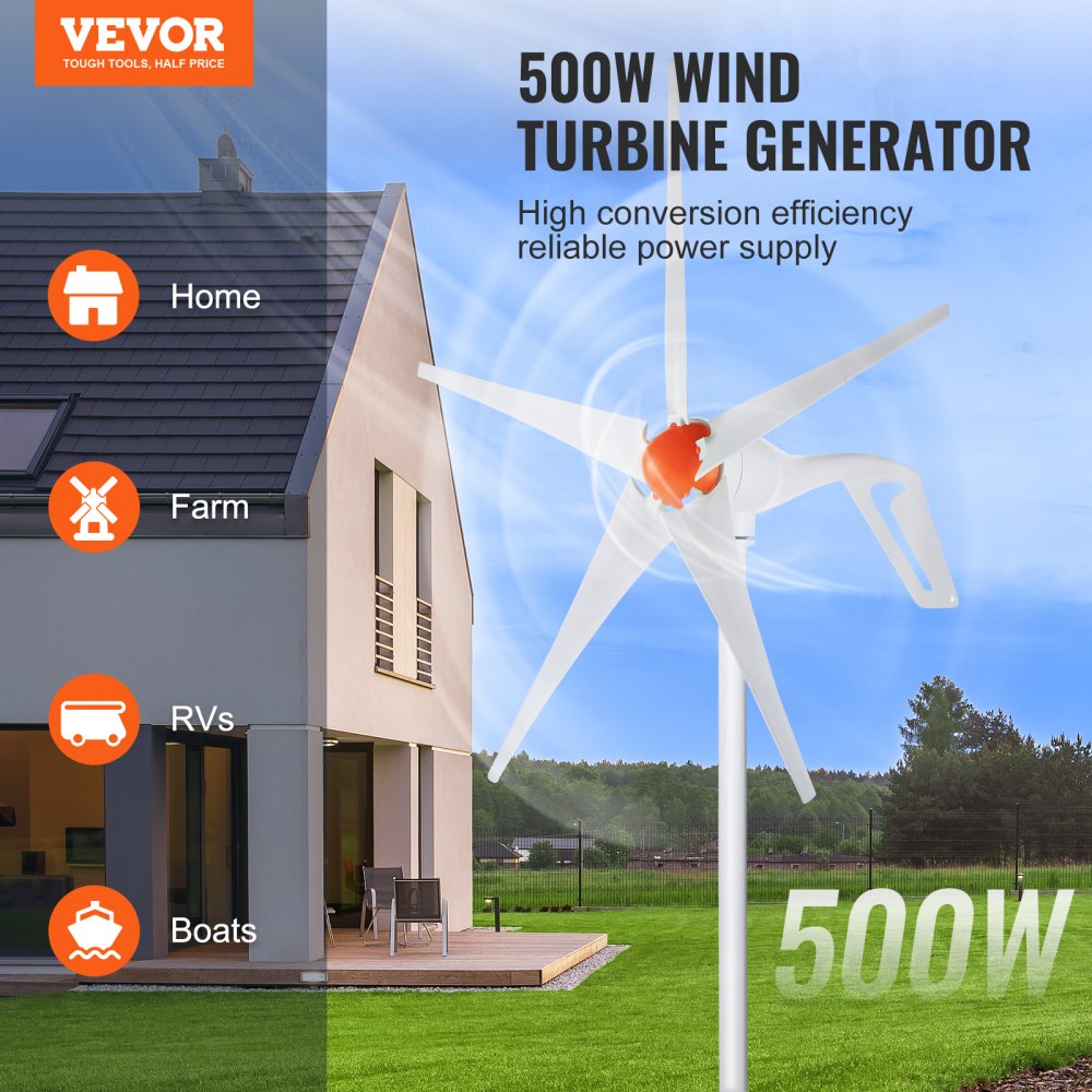 500W Wind Turbine Generator, 12V Wind Turbine Kit, 5-Blade Wind Power Generator with MPPT Controller, Adjustable Windward Direction & 2.5m/s Start Wind Speed, Suitable for Home, Farm, RVs, Boats