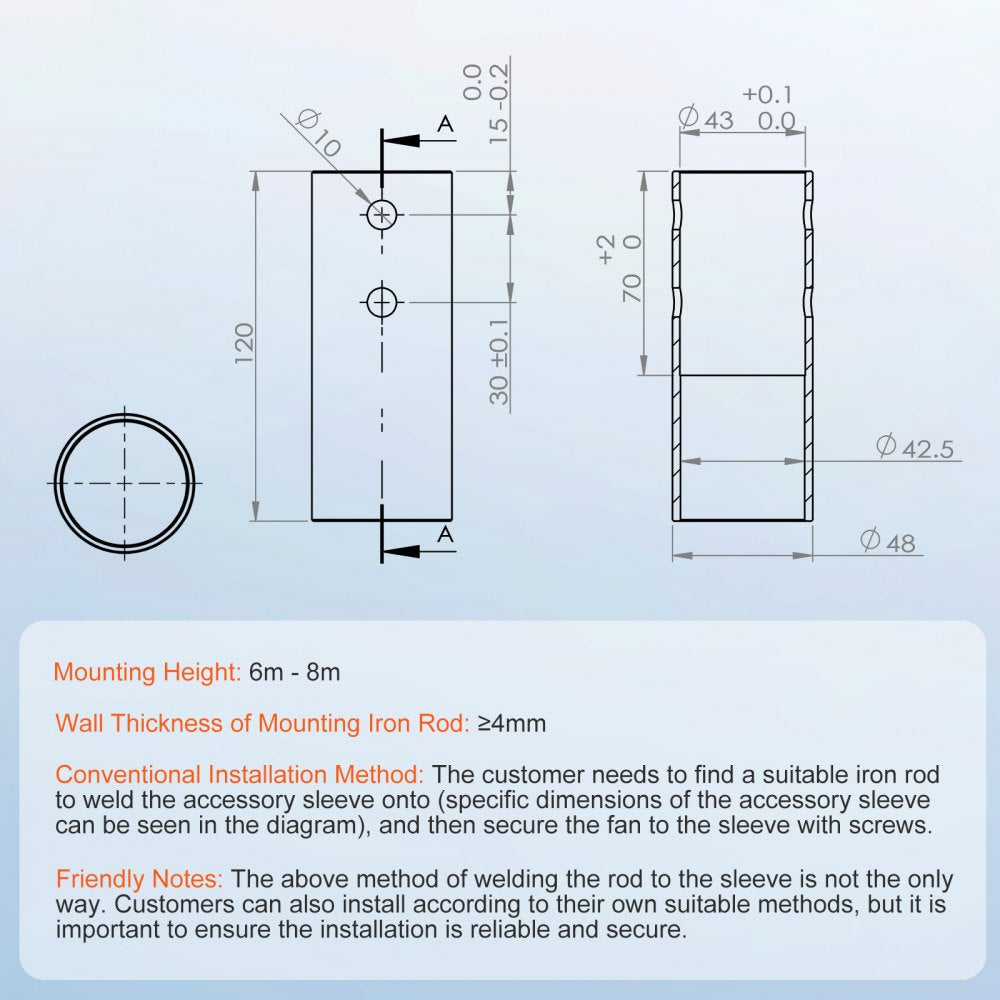 Diagram showing dimensions and installation method for accessory sleeve on wind turbine rod.