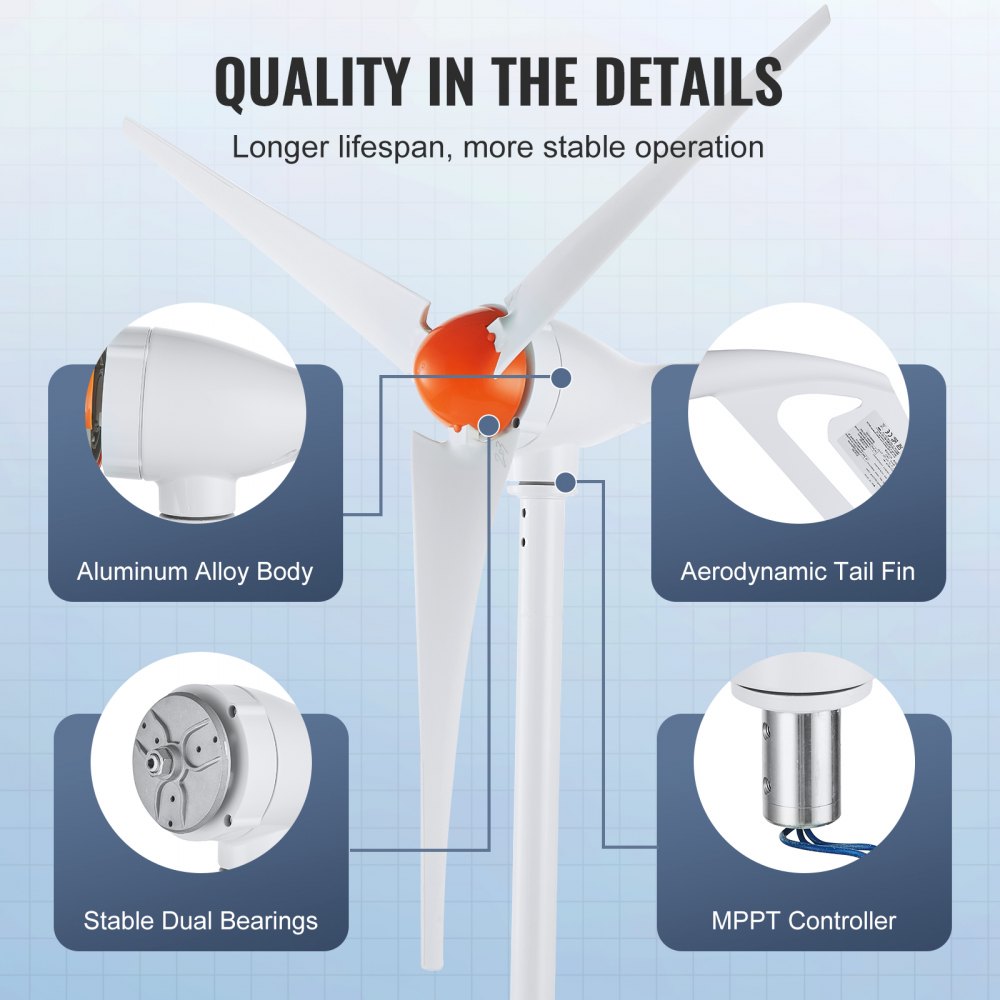 Bostome 500W wind turbine with aluminum body, aerodynamic tail fin, and MPPT controller.