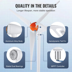 Bostome 500W wind turbine with aluminum body, aerodynamic tail fin, and MPPT controller.