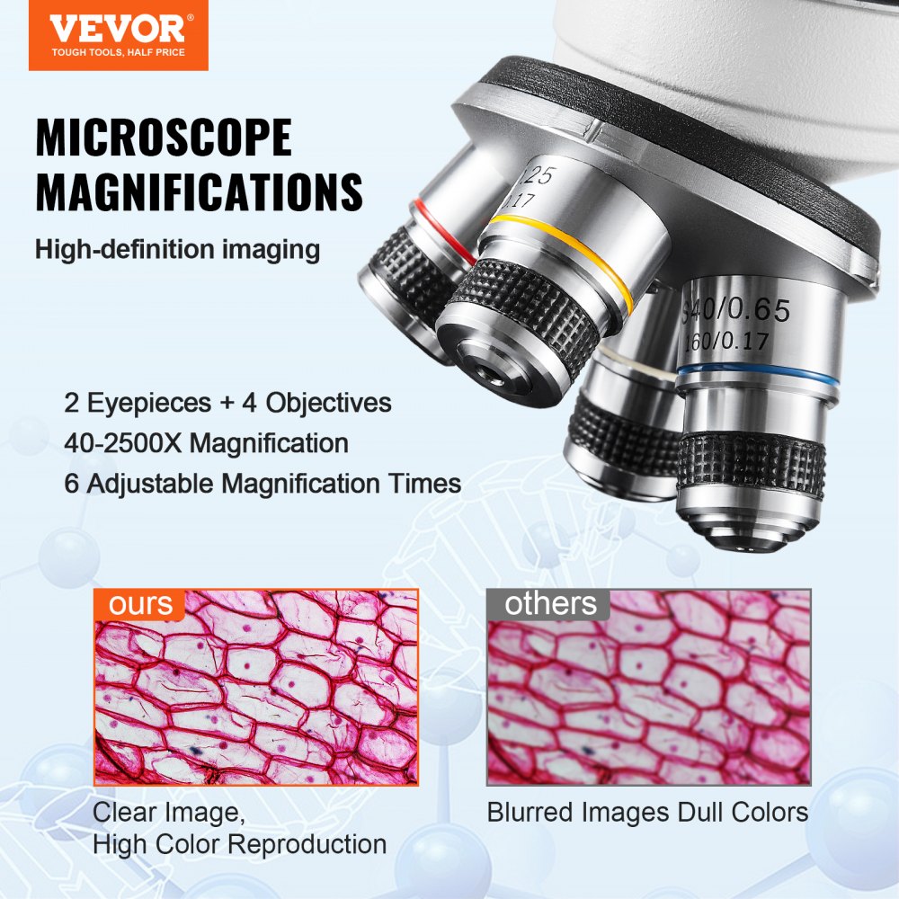 Binocular Compound Microscope, 40X-2500X Magnification, Binocular Compound Lab Microscope with LED Illumination, Two-Layer Mechanical Stage, Includes Phone Holder & Microscope Slides