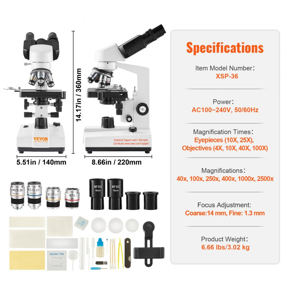 Binocular Compound Microscope, 40X-2500X Magnification, Binocular Compound Lab Microscope with LED Illumination, Two-Layer Mechanical Stage, Includes Phone Holder & Microscope Slides