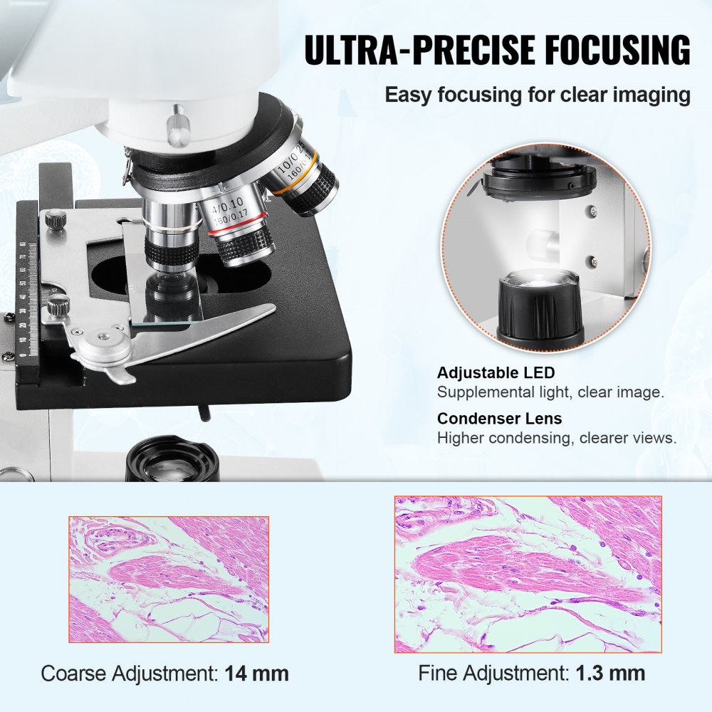 Compound Trinocular Microscope, 40X-5000X Magnification Trinocular Compound Lab Microscope with Two-Layer Mechanical Stage, External Interface, LED Illumination and Microscope Slides Included