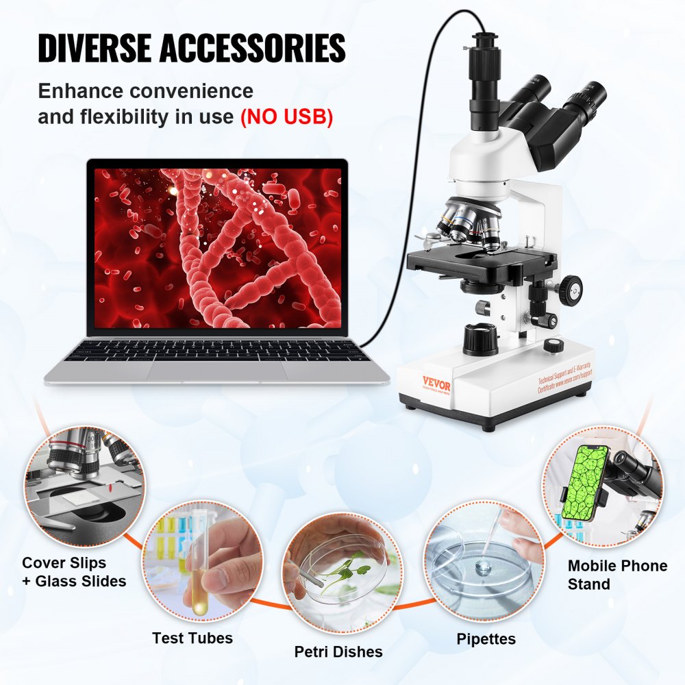 Compound Trinocular Microscope, 40X-5000X Magnification Trinocular Compound Lab Microscope with Two-Layer Mechanical Stage, External Interface, LED Illumination and Microscope Slides Included