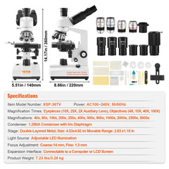 Compound Trinocular Microscope, 40X-5000X Magnification Trinocular Compound Lab Microscope with Two-Layer Mechanical Stage, External Interface, LED Illumination and Microscope Slides Included