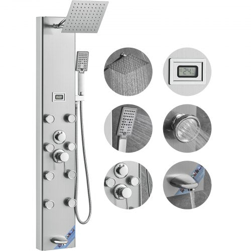 Stainless steel shower panel system with digital display and five adjustable spray modes.