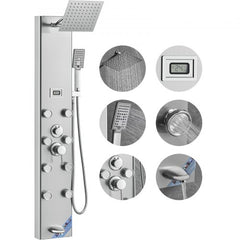 Stainless steel shower panel system with digital display and five adjustable spray modes.