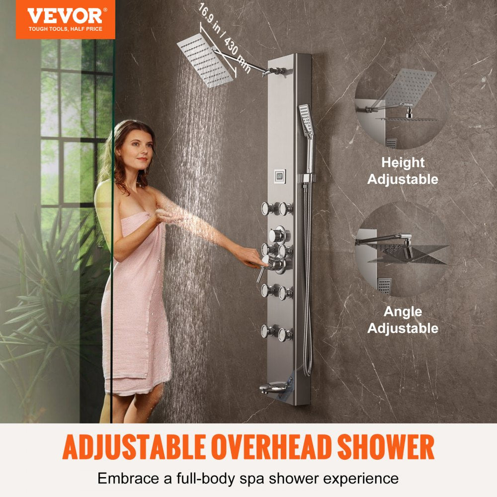 Stainless steel shower panel system with digital display and five spray modes.