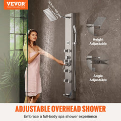 Stainless steel shower panel system with digital display and five spray modes.