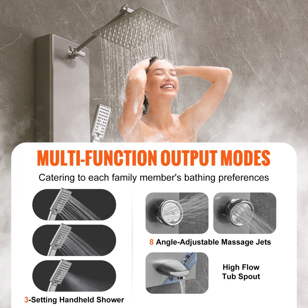 Stainless steel shower panel system with digital display and five spray modes.