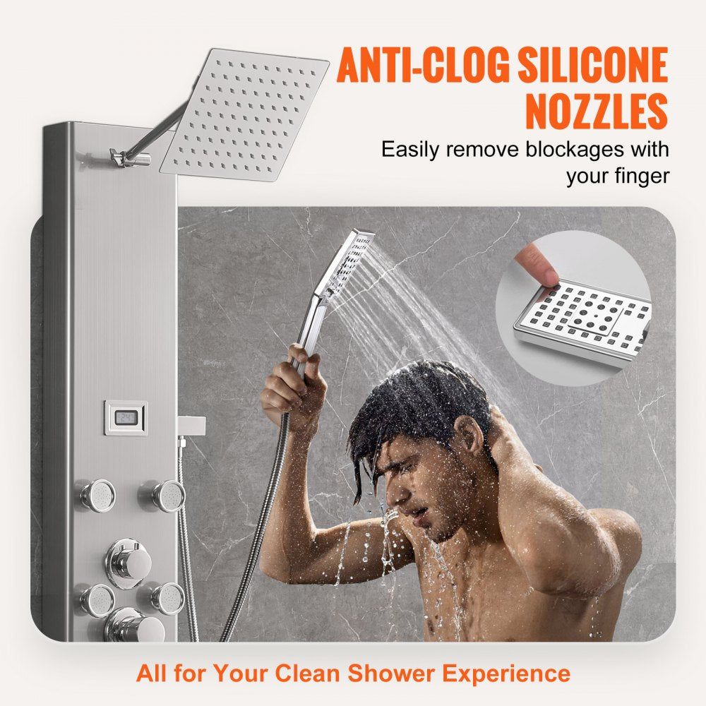 Stainless steel shower panel system with digital display and five adjustable spray modes.