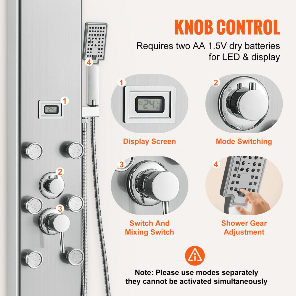 Stainless steel shower panel system with digital display and five adjustable spray modes.