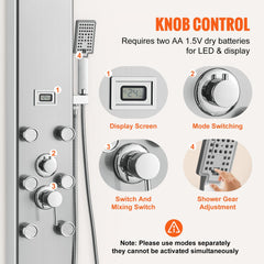 Stainless steel shower panel system with digital display and five adjustable spray modes.