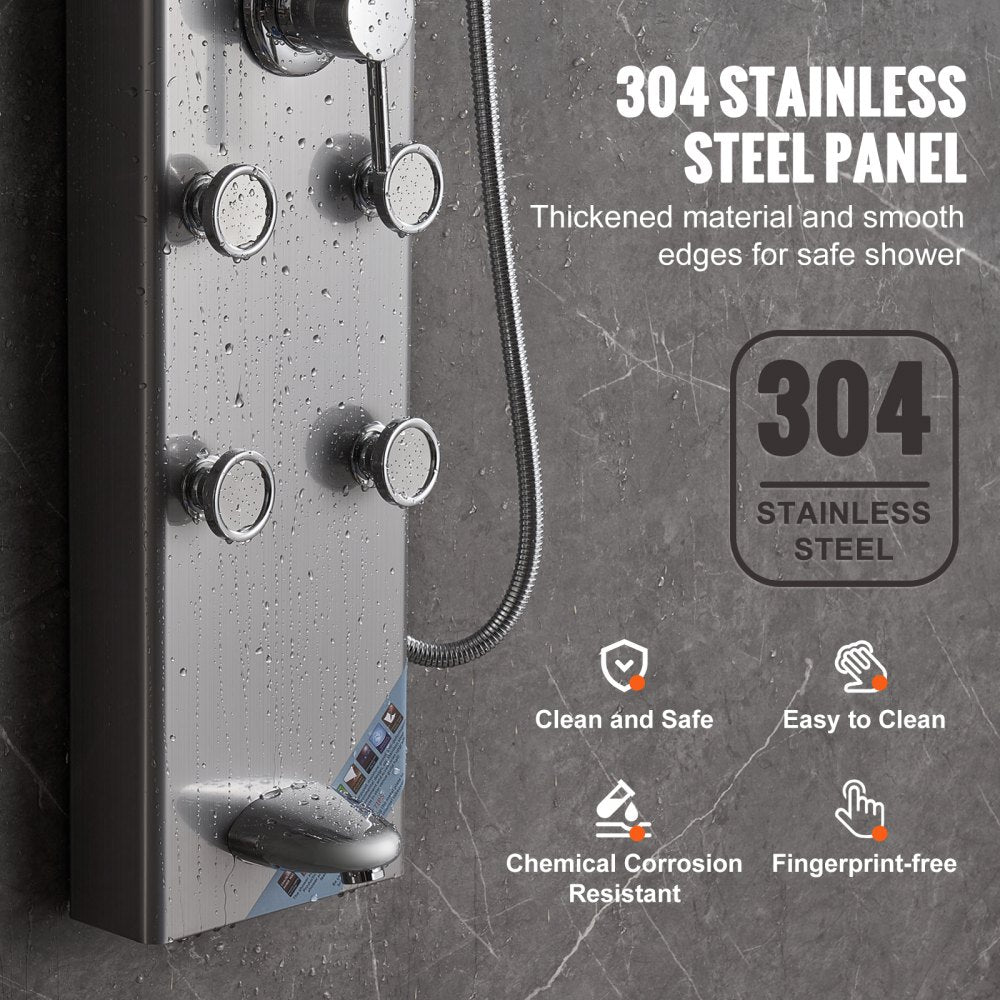 Stainless steel shower panel system with digital display and five adjustable spray modes.