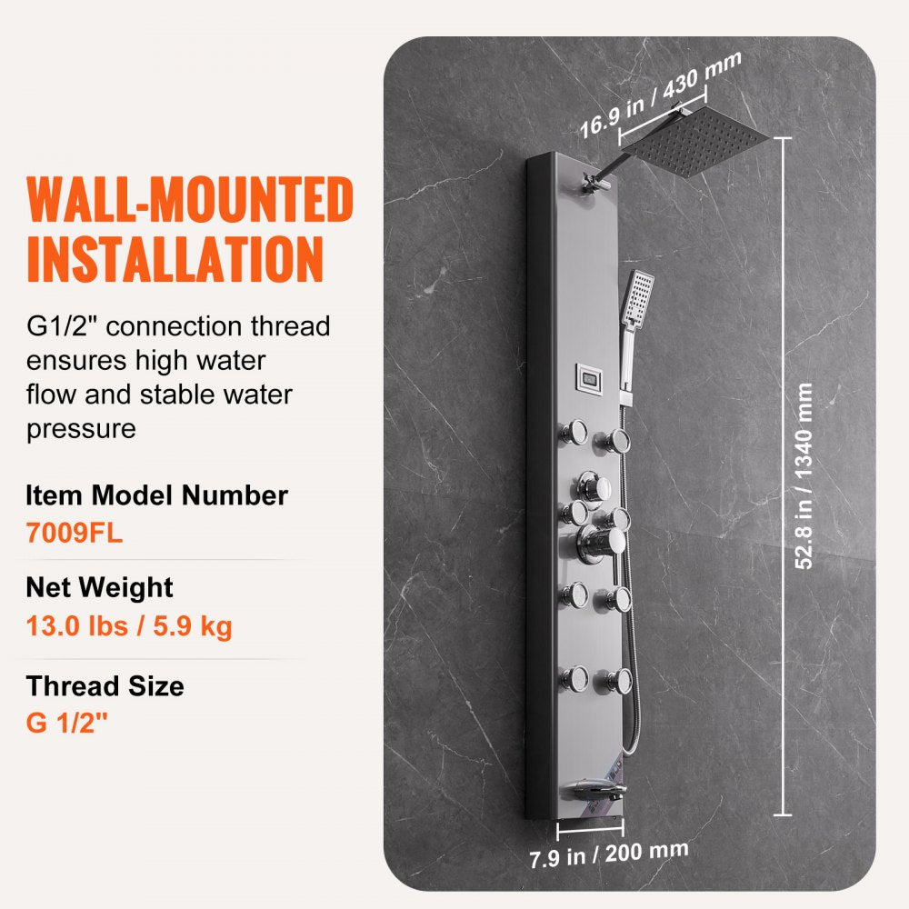 Stainless steel shower panel system with digital display and five adjustable spray modes.