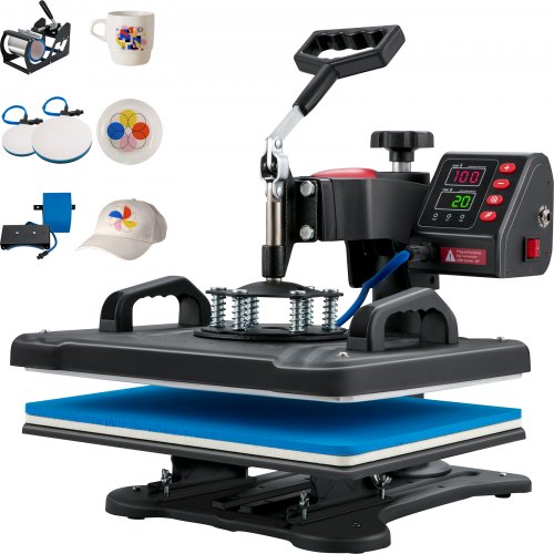 5-in-1 heat press machine with 12x15 clamshell design, 900W power, and attachments for hats, mugs, and plates.