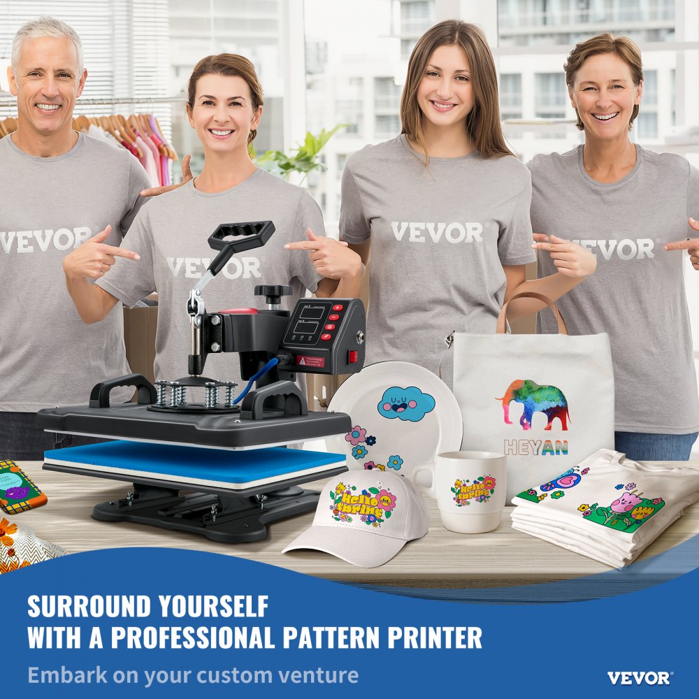 5-in-1 heat press machine with 12x15 clamshell platen, shown in use on shirts, hats, mugs, and plates.