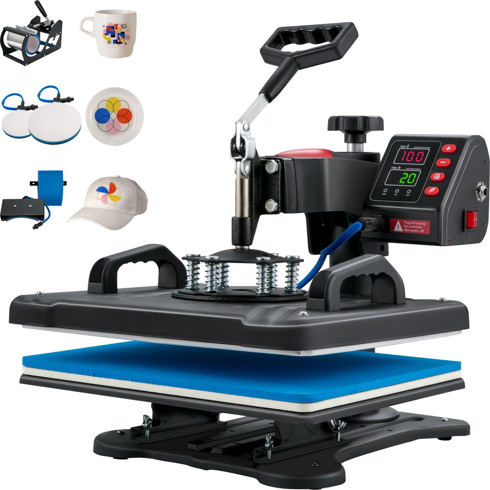 5-in-1 clamshell heat press machine with 12x15 platen, hat, mug, and plate attachments.