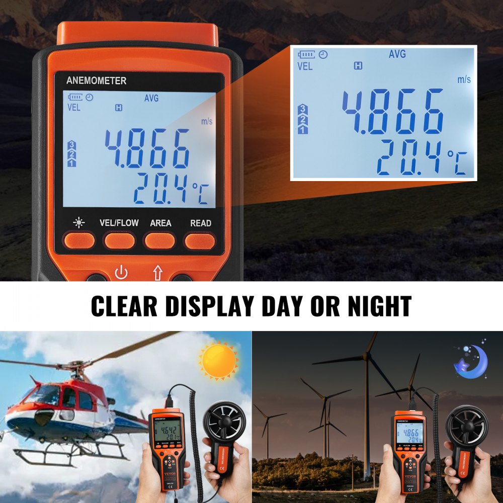 Split Handheld Anemometer, 14℉-140℉, Digital Wind Speed CFM Meter Gauge with LED Backlight Screen, Measures Wind Velocity Wind Temperature Air Flow Wind Chill, for Sailing Surfing Flying HVAC