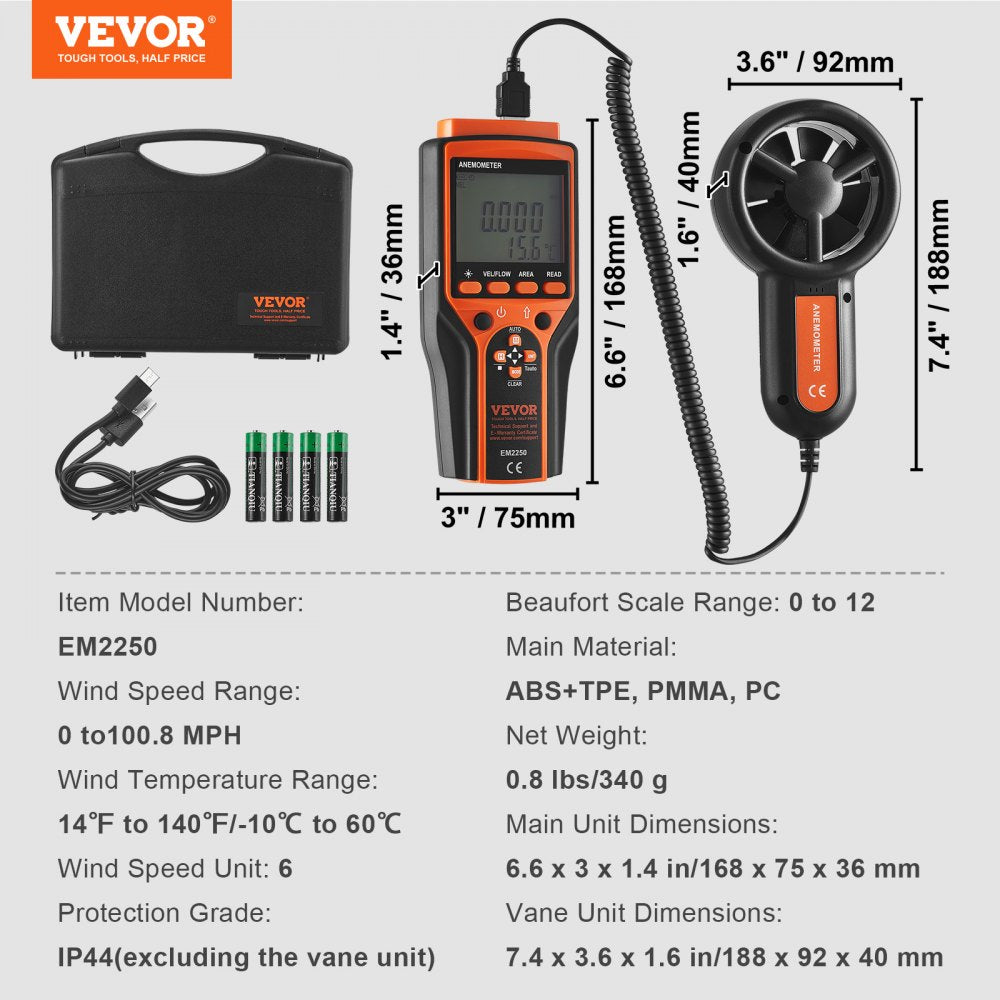 Split Handheld Anemometer, 14℉-140℉, Digital Wind Speed CFM Meter Gauge with LED Backlight Screen, Measures Wind Velocity Wind Temperature Air Flow Wind Chill, for Sailing Surfing Flying HVAC