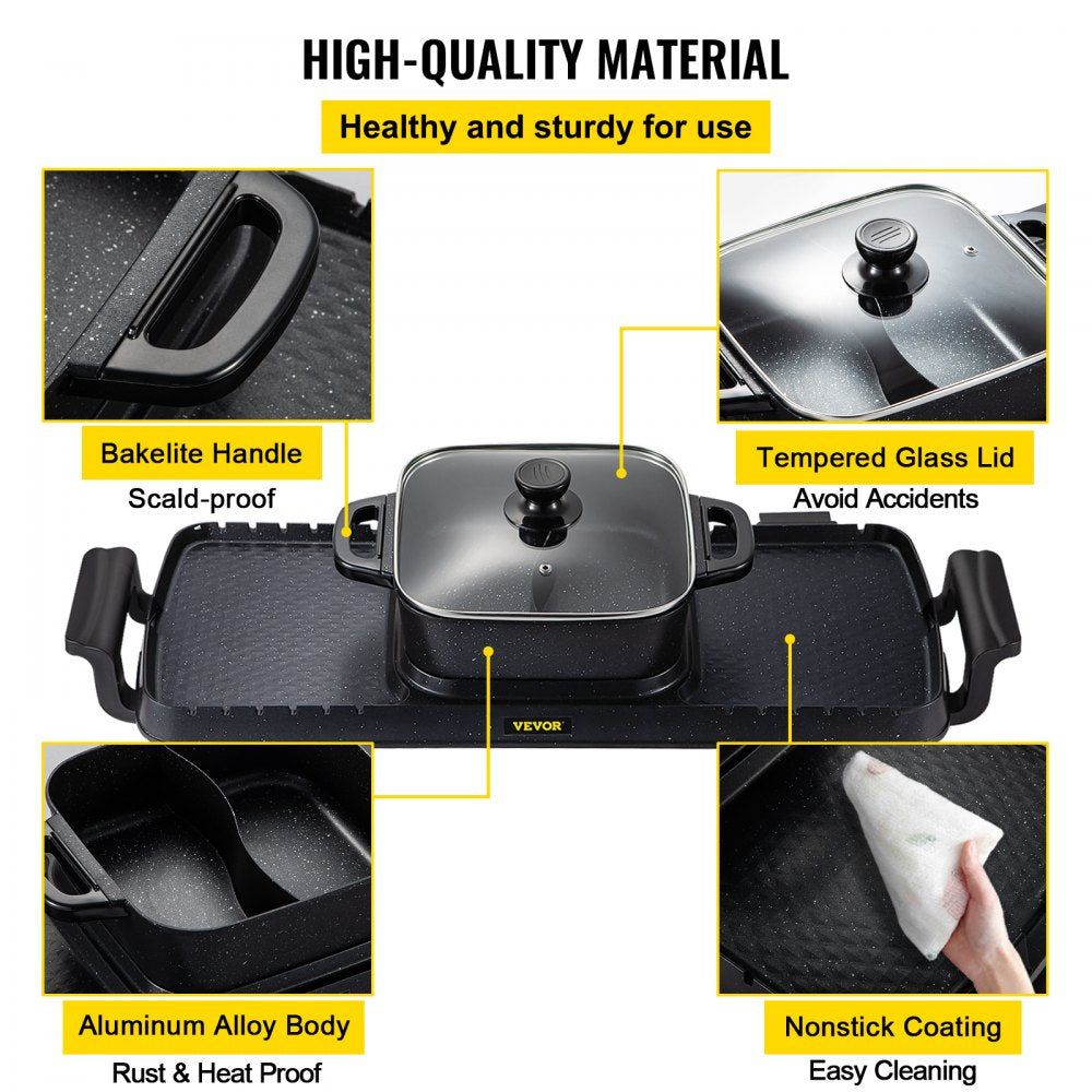 2 in 1 Electric Grill and Hot Pot, 2400W BBQ Pan Grill and Hot Pot, Multifunctional Teppanyaki Grill Pot with Dual Temp Control, Smokeless Hot Pot Grill with Nonstick Coating for 1-8 People
