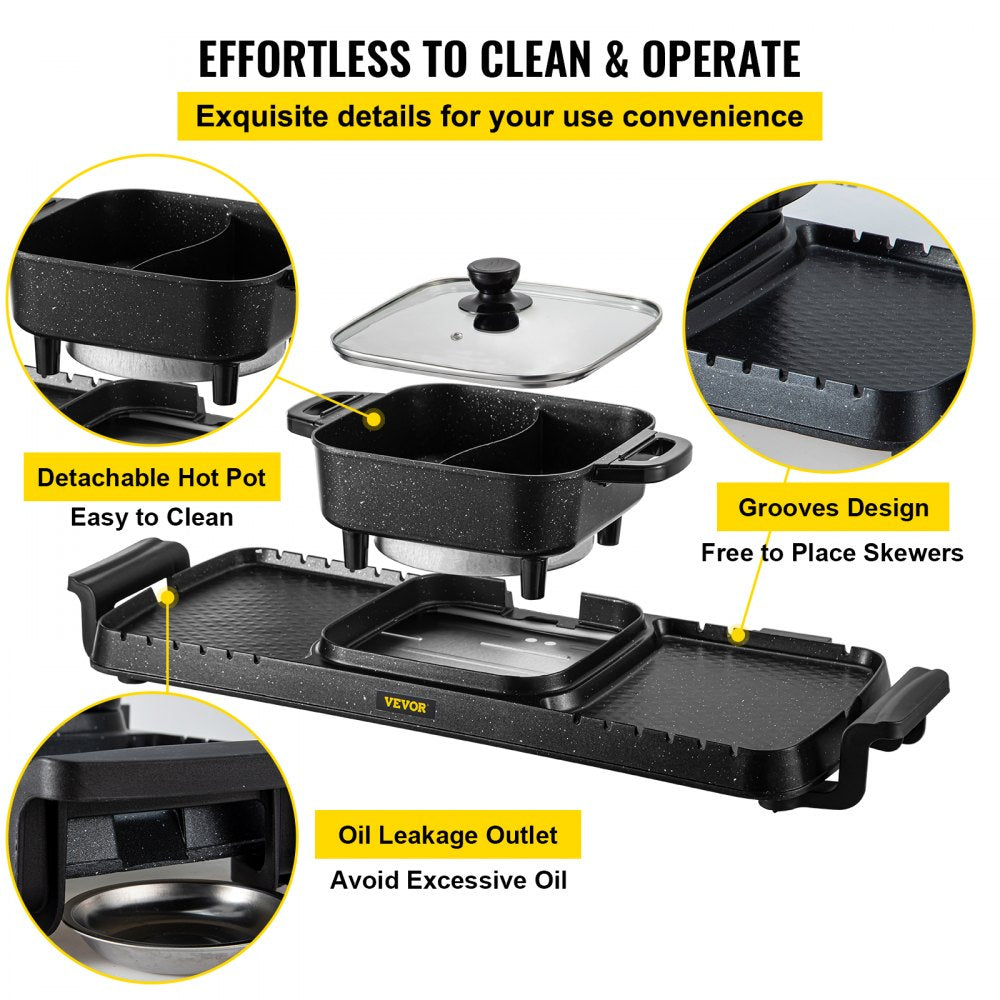 2 in 1 Electric Grill and Hot Pot, 2400W BBQ Pan Grill and Hot Pot, Multifunctional Teppanyaki Grill Pot with Dual Temp Control, Smokeless Hot Pot Grill with Nonstick Coating for 1-8 People