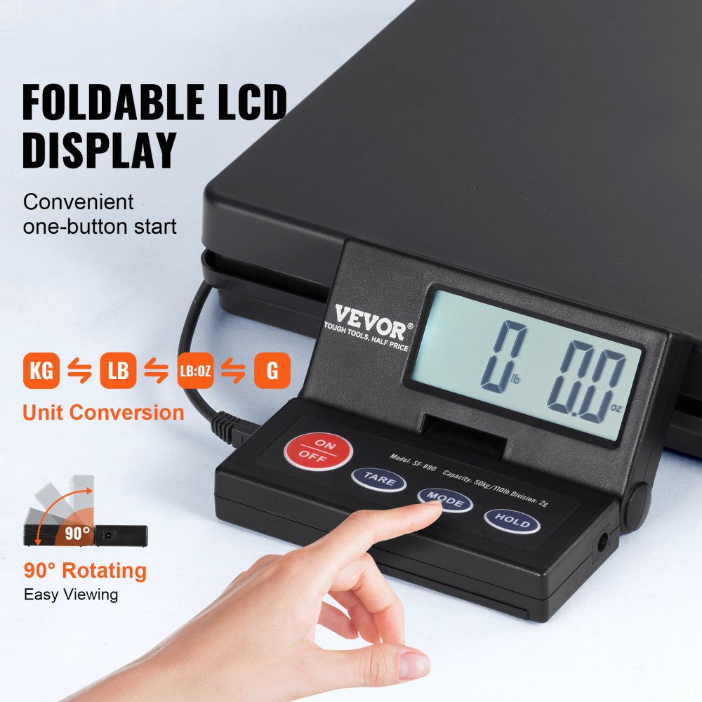 Digital Shipping Scale, 110 lbs x 0.07 oz. Heavy Duty Postal Scale with Timer, Tare, Hold Function, 90° Foldable LCD Screen Package Scale for Laggage, Home, Post Office, AC/DC Powered, FCC Liste