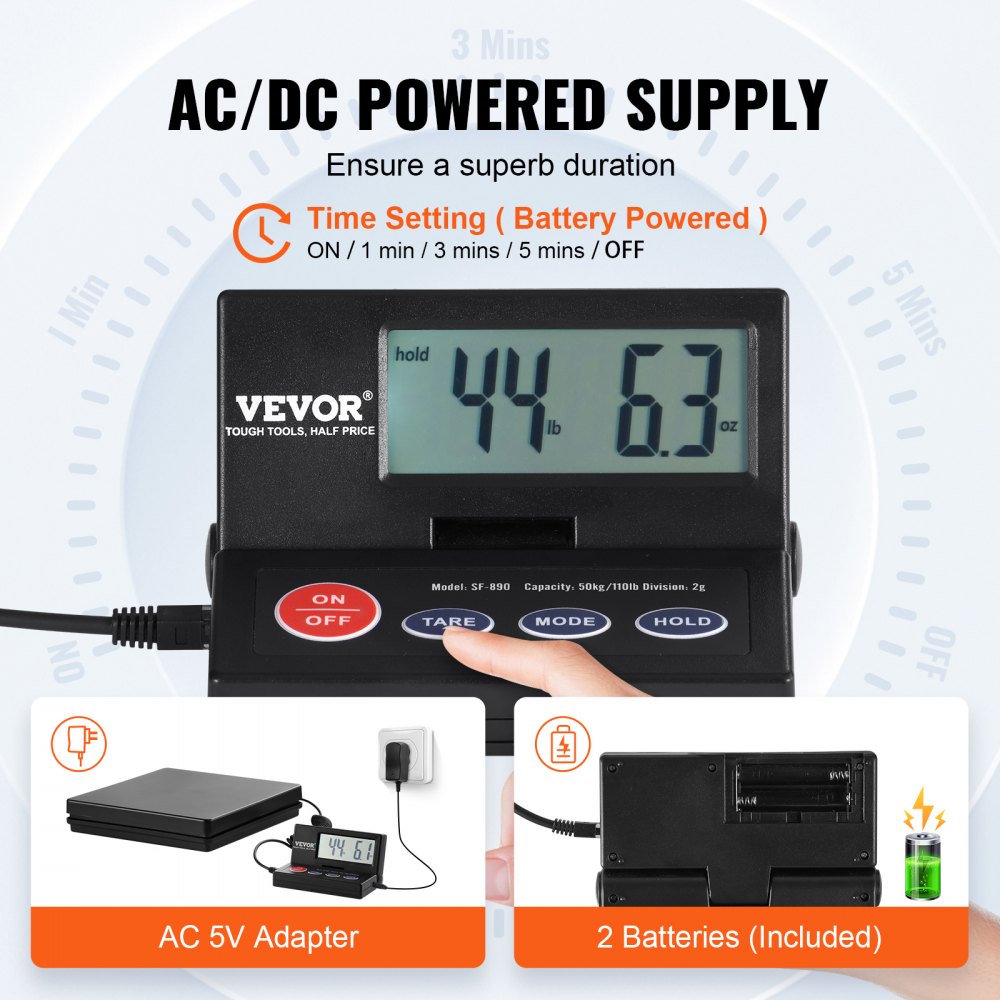 Digital Shipping Scale, 110 lbs x 0.07 oz. Heavy Duty Postal Scale with Timer, Tare, Hold Function, 90° Foldable LCD Screen Package Scale for Laggage, Home, Post Office, AC/DC Powered, FCC Liste