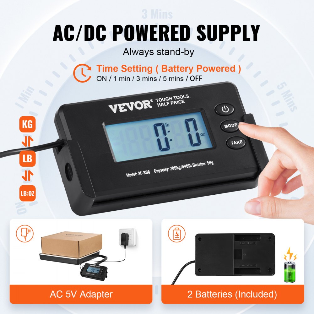 Digital Shipping Scale, 440 lbs x 1.7 oz. Heavy Duty Postal Scale with Timer, Tare Function, HD LCD Screen Portable Package Scale for Luggage, Home, Post Office, AC/DC Powered, FCC Listed
