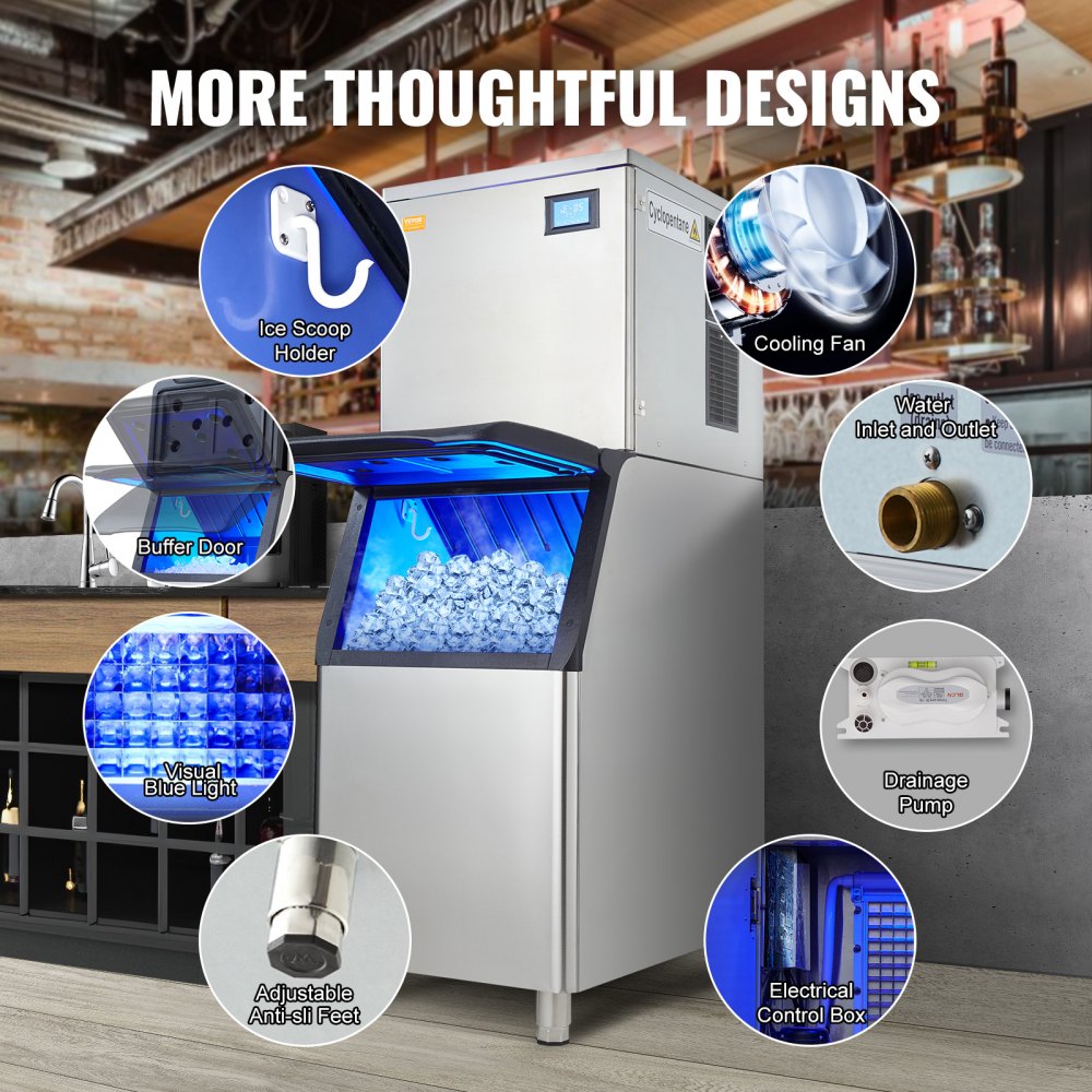 Commercial Ice Maker, 400LBS/24H Ice Making Machine with 330.7LBS Large Storage Bin, 800W Auto Self-Cleaning Ice Maker Machine with 3.5-inch LED Screen for Business Bar Cafe Restaurant