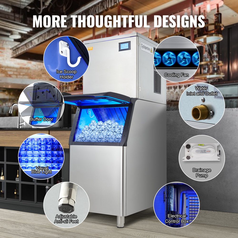 Commercial Ice Maker, 360LBS/24H Ice Making Machine with 330.7LBS Large Storage Bin, 700W Auto Self-Cleaning Ice Maker Machine with 3.5-inch LED Panel for Bar Cafe Restaurant Business