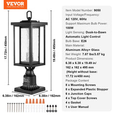 2 PCs Dusk to Dawn Outdoor Lamp Post Light Fixture 17.72in Pole Pier Mount