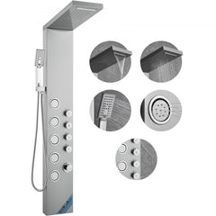 Stainless steel wall-mounted shower panel tower with 4 modes, controls, and handheld wand.