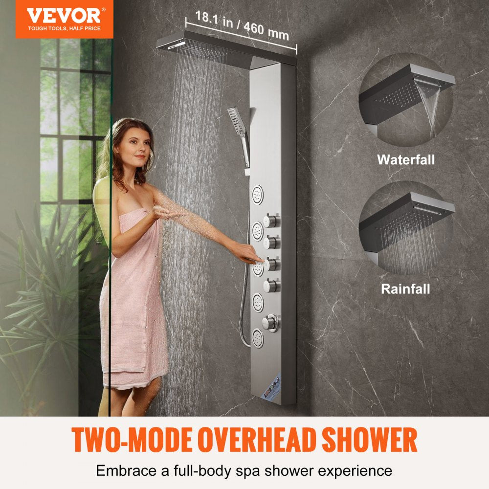 Wall-mounted stainless steel shower panel tower with 4 modes, 18.1-inch arm, and handheld sprayer.