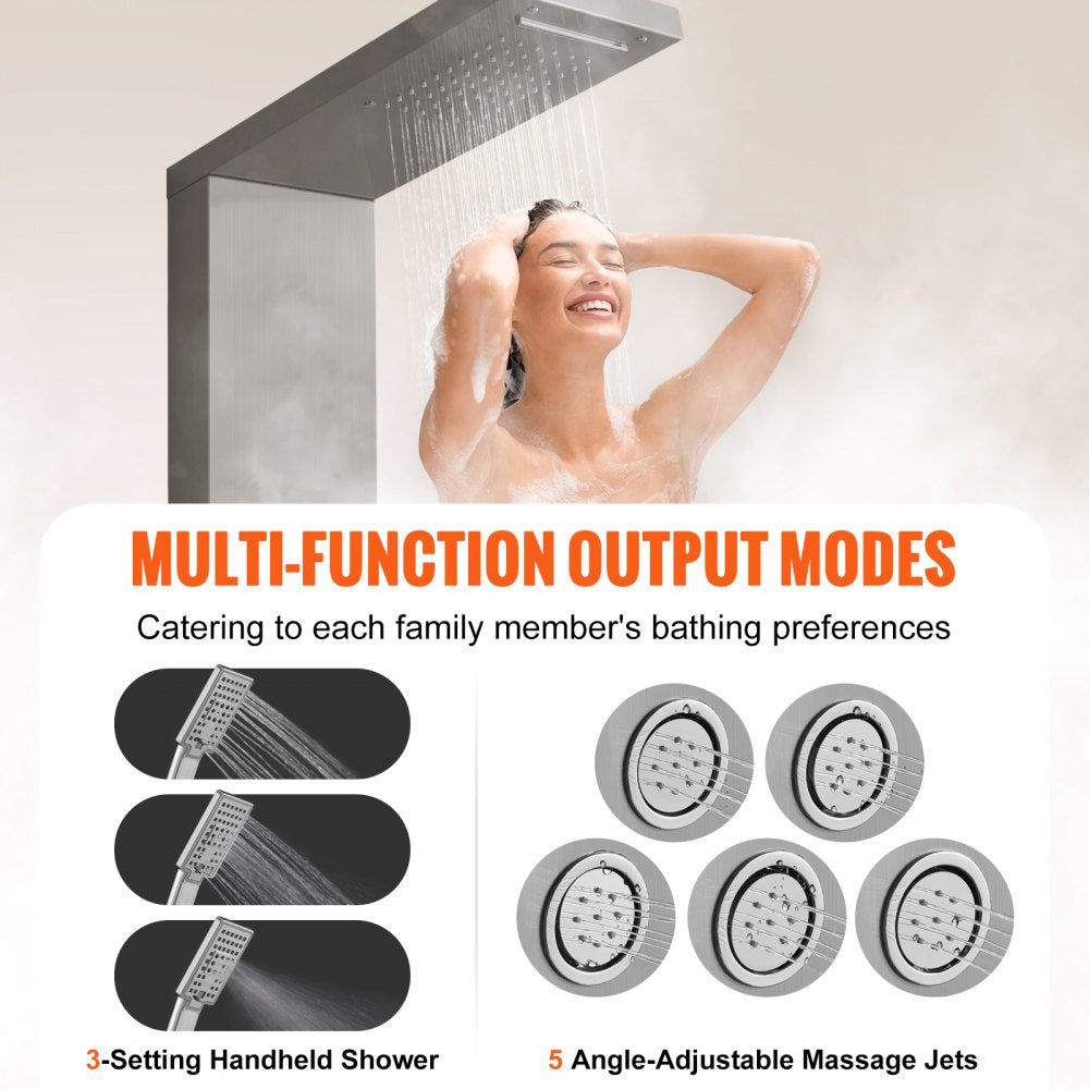Wall-mounted stainless steel shower panel with 4 modes, including rainfall and massage jets.