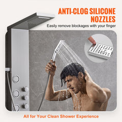 Wall-mounted stainless steel shower panel with 4 modes, anti-clog nozzles, and handheld sprayer.
