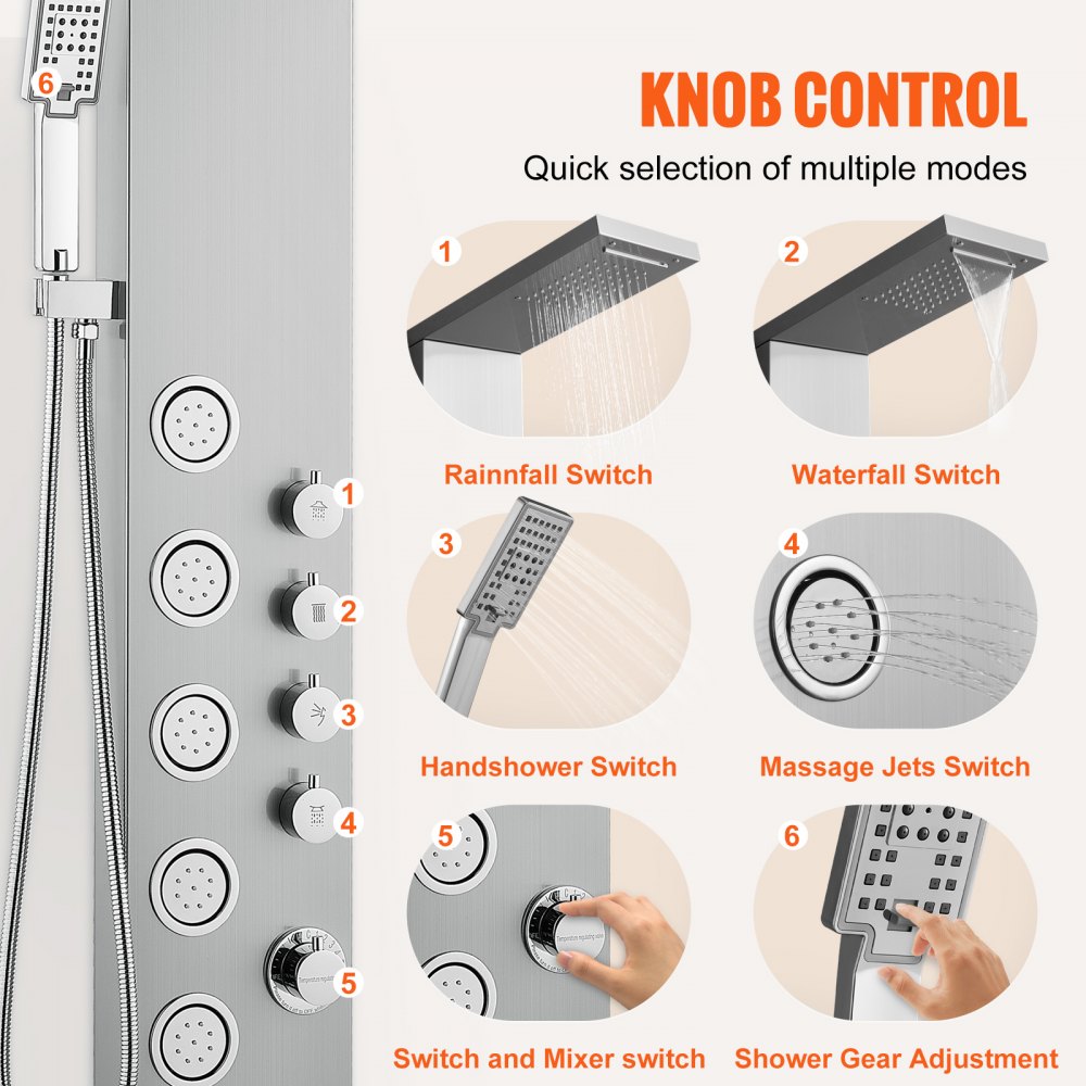 Wall-mounted stainless steel shower panel with 4-mode knob controls for rainfall, waterfall, massage, and handheld sprays.