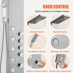 Wall-mounted stainless steel shower panel with 4-mode knob controls for rainfall, waterfall, massage, and handheld sprays.