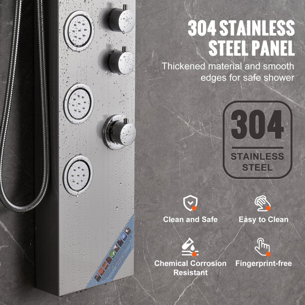 Wall-mounted stainless steel shower panel tower with 4 modes and multiple nozzles.