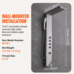 Wall-mounted stainless steel shower panel tower with 4 modes and 18.1-inch arm.