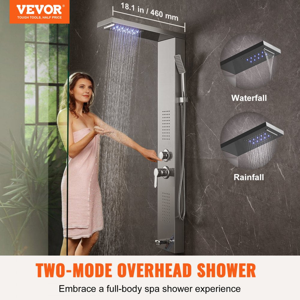 A stainless steel shower panel system with LED lights, featuring rainfall and waterfall modes.