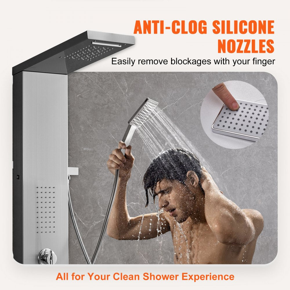 A stainless steel shower panel system with a man showering and a close-up of anti-clog nozzles.