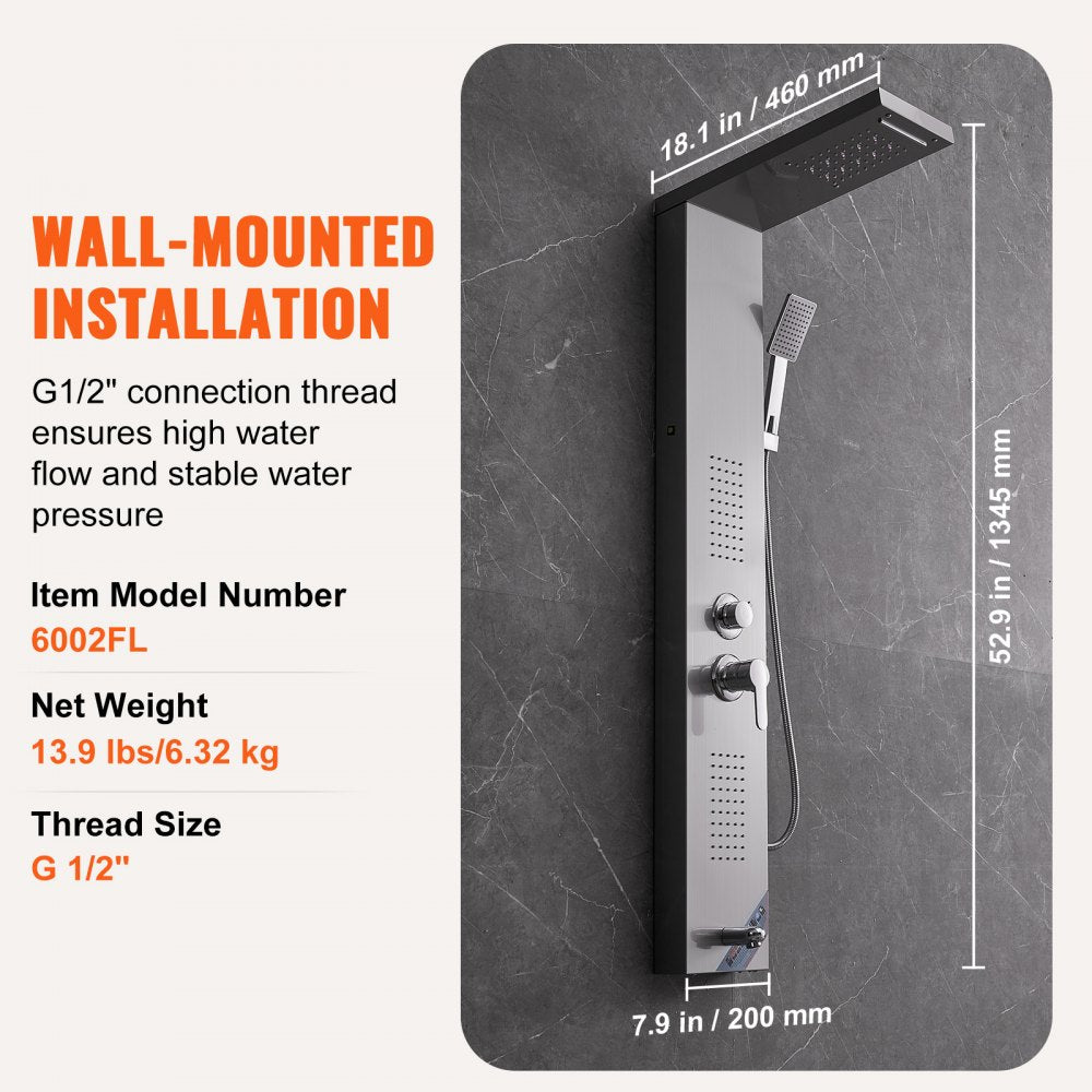A wall-mounted stainless steel shower panel system with dimensions and features listed.