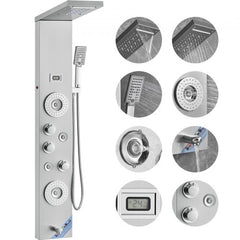 Stainless steel LED shower panel tower with 6 modes, rainfall head, and control knobs.