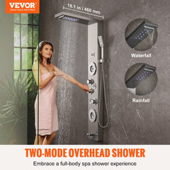 Stainless steel shower panel tower with 6 modes, LED lights, and rainfall/waterfall heads.
