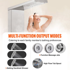 Stainless steel LED shower panel tower system with 6 modes including handheld, jets, and tub spout.