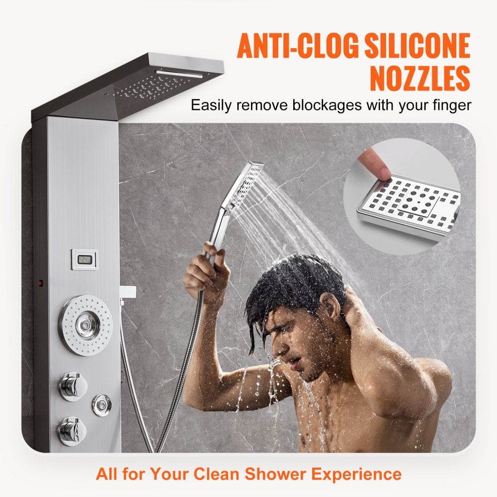 Stainless steel LED shower panel tower system with 6 modes, anti-clog nozzles, and a man using it.